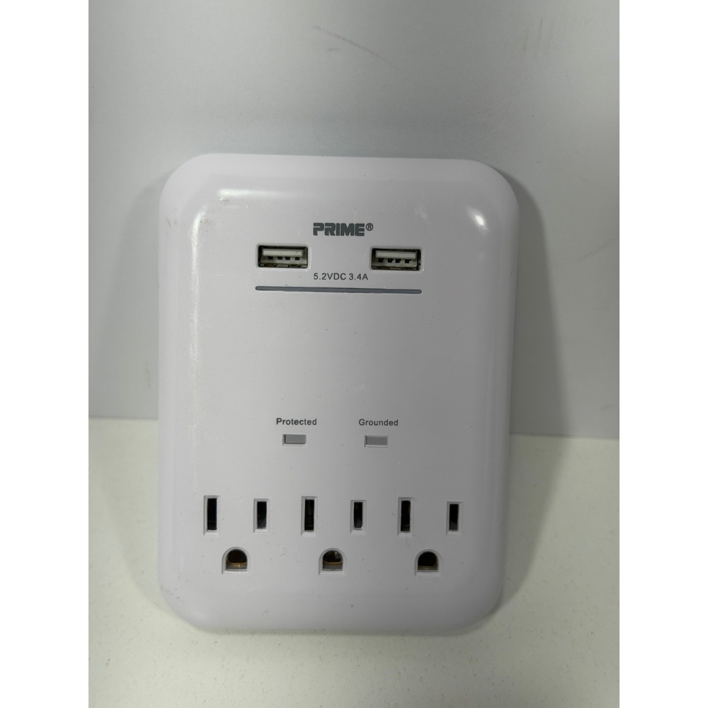 Prime PBUSB343S 3-Outlet Wall Tap Surge Protector with 2 USB Ports 3.4A White